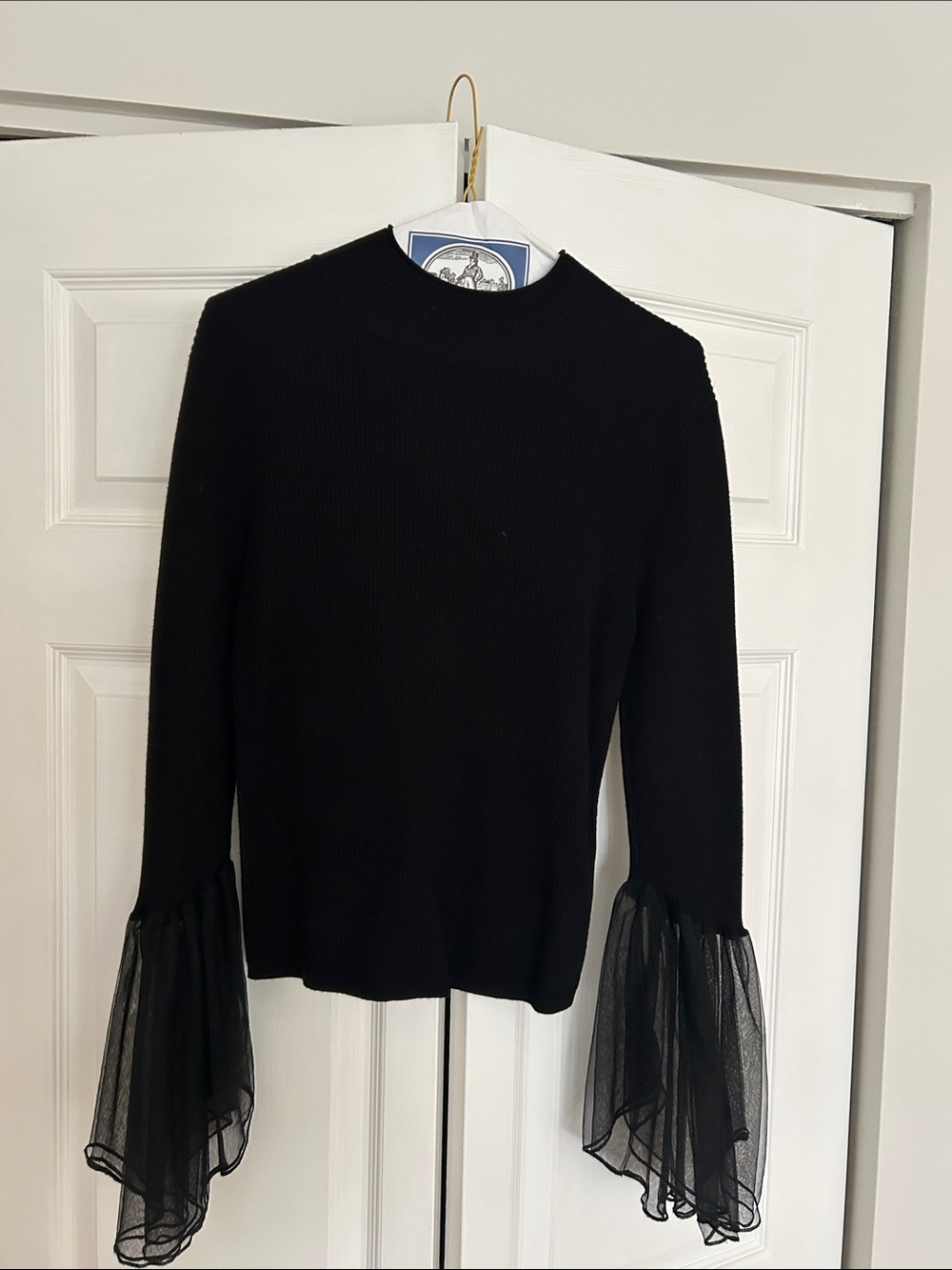 Anthropologie Black Long-Sleeve Knit Top with Sheer Bell Sleeves